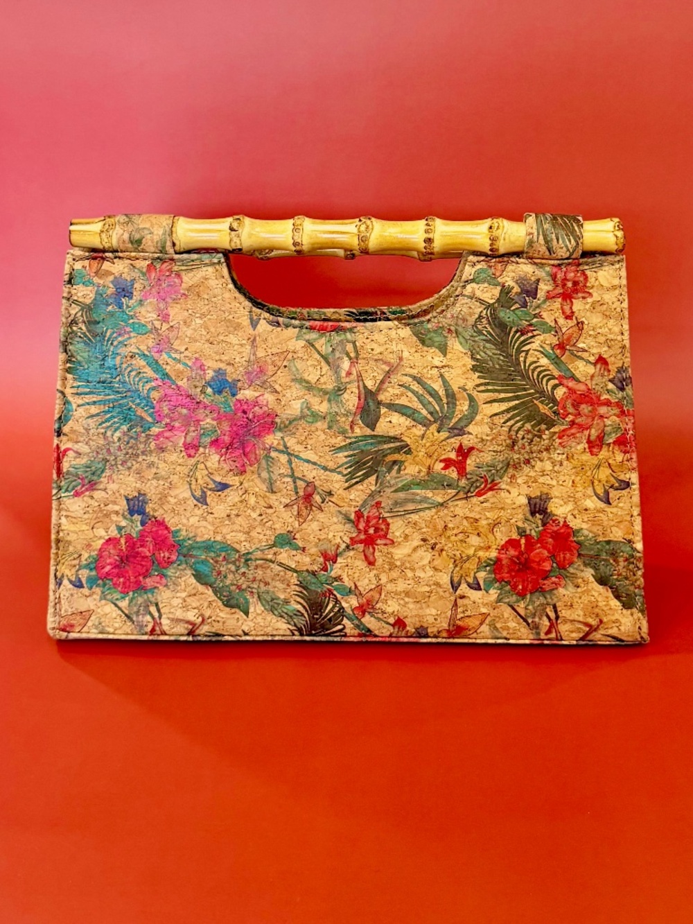 NWOT, Tropical Palm Floral Cork Clutch Handbag Bamboo Handles by Alessia Bianchi